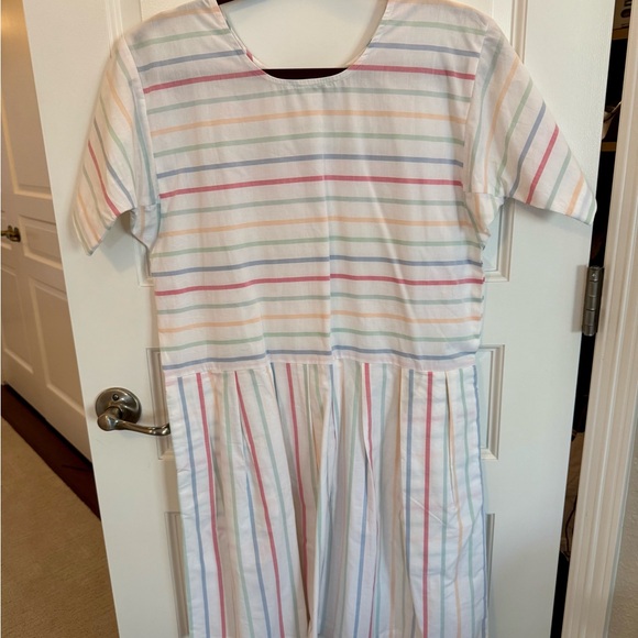 White Stripe Casual Short-Sleeve Cotton Dress with Pastel Multicolor Stripes - Picture 3 of 4